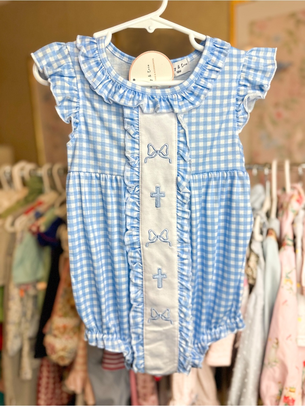 Classic Blue Gingham Baby One-Piece Bodysuit with Embroidered Trim